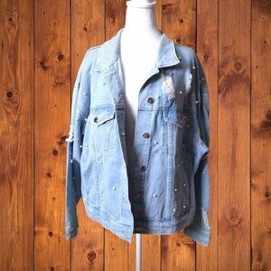 Fashion Nova Women's Size 1X Distressed Beaded Blue Denim Jacket Grunge City